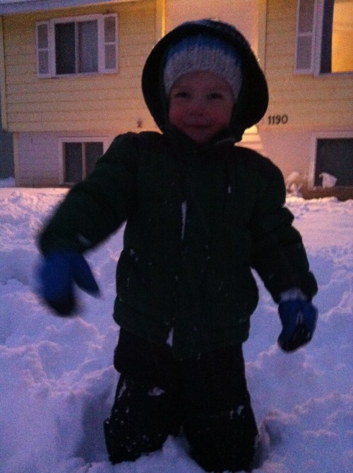 Eli and I had fun with our snowball fight. No one was hurt, because no one could hit each other. :-) 